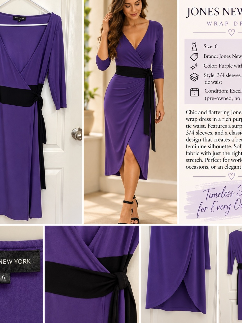 Jones New York Purple Wrap Dress with Black Waist Tie